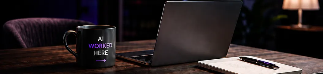 A black coffee mug reading “AI WORKED HERE” with an arrow, beside an open laptop and a notebook with a pen on a dark wooden desk